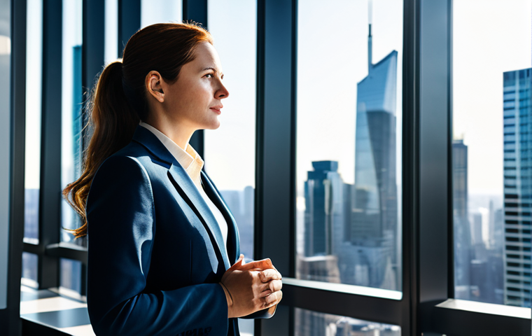 A professional female venture capitalist in a modest business suit, standing in a modern, sunlit skyscraper office, looking out at a vibrant, bustling city skyline. Her expression is thoughtful and focused, symbolizing market observation and foresight. The scene conveys innovation and strategic thinking. Fully clothed, appropriate attire, safe for work, perfect anatomy, correct proportions, natural pose, well-formed hands, proper finger count, natural body proportions, professional photography, high quality, professional, modest, family-friendly.